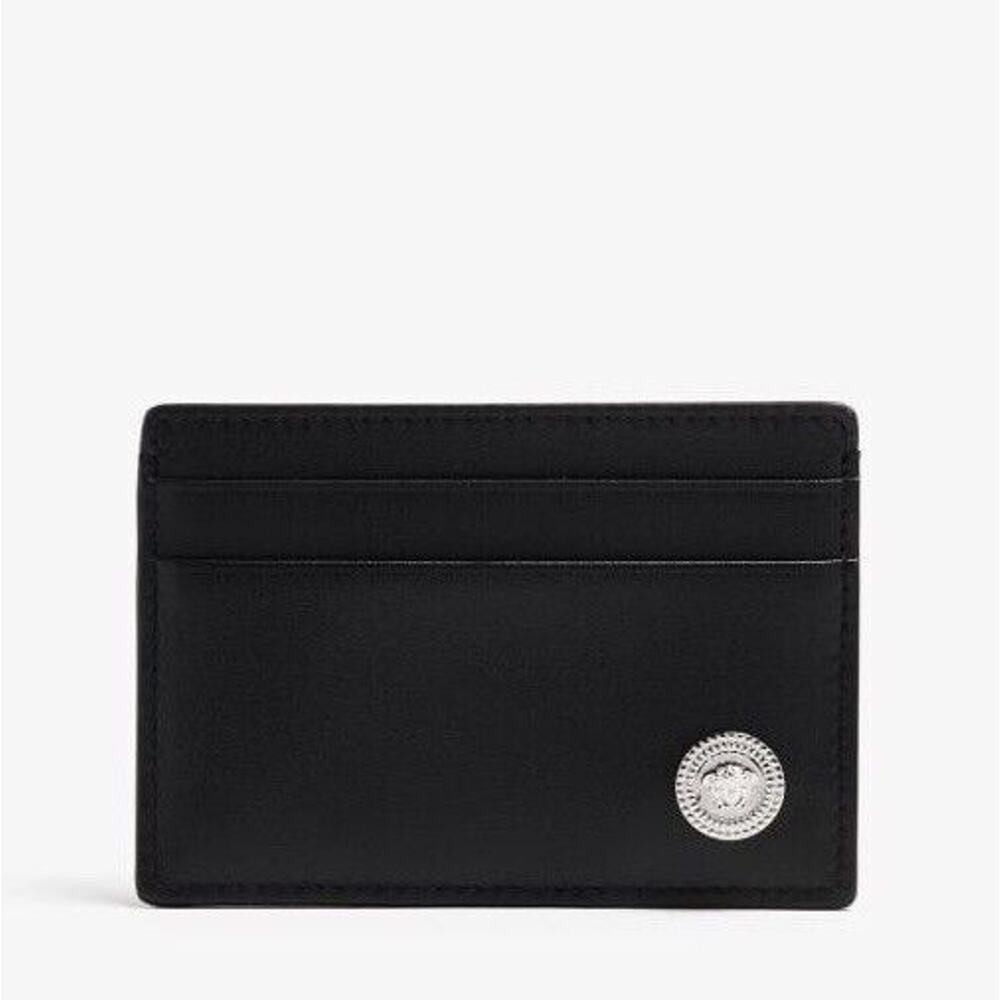 NIB Versace Medusa Silver Biggie Black Leather Credit Card Holder